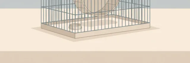 A small empty hamster cage with an unused exercise wheel on a neutral background, flat vector illustration.
