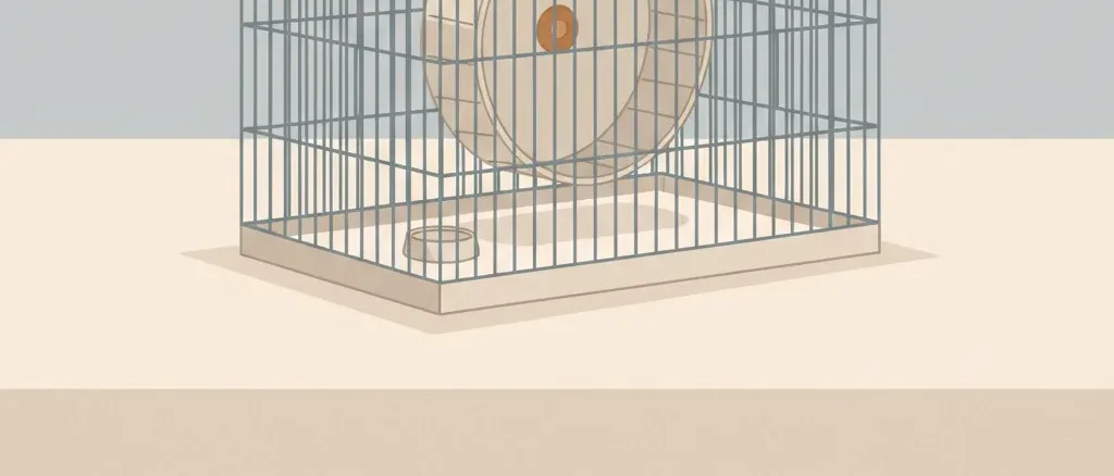 A small empty hamster cage with an unused exercise wheel on a neutral background, flat vector illustration.