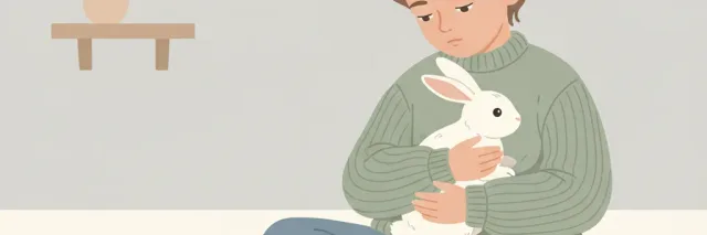 A child gently holding a white rabbit, with a calendar on the wall showing years passing