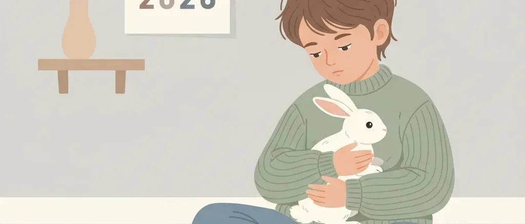 A child gently holding a white rabbit, with a calendar on the wall showing years passing