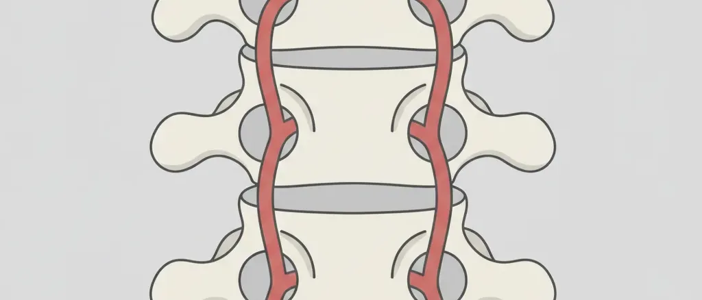 A simplified anatomical diagram of cervical vertebrae and vertebral artery, flat vector in muted clinical tones.