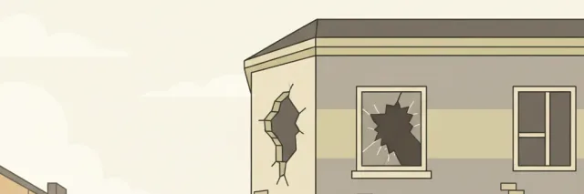 An empty residential street with a damaged building in the background, flat vector illustration in muted grey and olive tones.