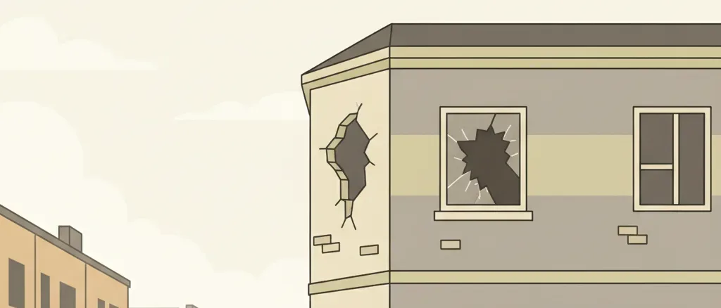 An empty residential street with a damaged building in the background, flat vector illustration in muted grey and olive tones.