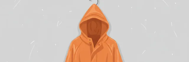 A single empty rain slicker hanging on a hook against a pale grey wall, flat vector illustration in muted blues and grey.