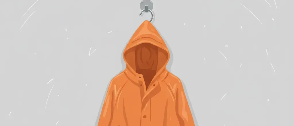 A single empty rain slicker hanging on a hook against a pale grey wall, flat vector illustration in muted blues and grey.