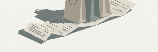 Abstract illustration of stacked shopping bags casting a long shadow over a receipt, muted tones, flat vector.