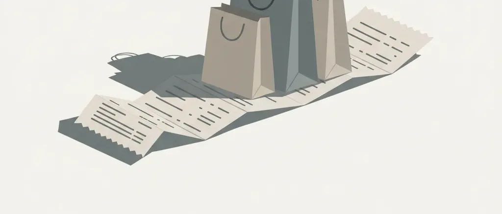 Abstract illustration of stacked shopping bags casting a long shadow over a receipt, muted tones, flat vector.