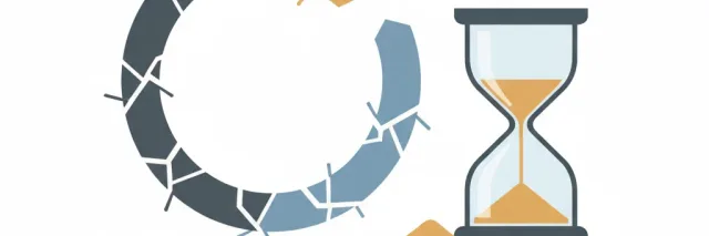 Abstract representation of a broken loop and an hourglass, muted tones, flat vector illustration.