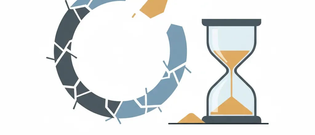 Abstract representation of a broken loop and an hourglass, muted tones, flat vector illustration.