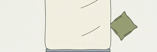 A minimal flat illustration of a bed with a small pillow beside it, rendered in muted tones against a soft background.