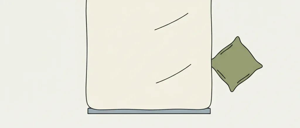 A minimal flat illustration of a bed with a small pillow beside it, rendered in muted tones against a soft background.