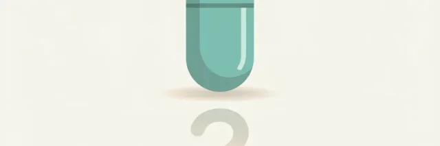 A flat vector illustration of a medicine capsule with a subtle question mark shadow, rendered in muted tones against a pale background.
