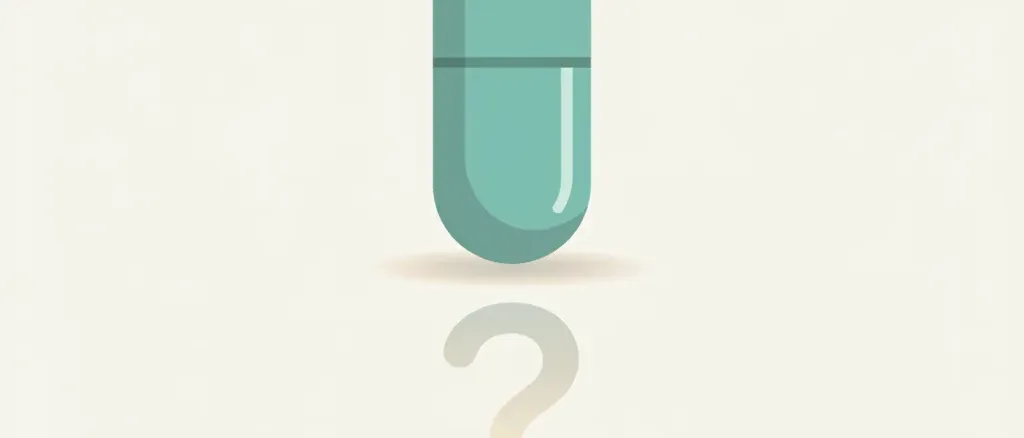 A flat vector illustration of a medicine capsule with a subtle question mark shadow, rendered in muted tones against a pale background.