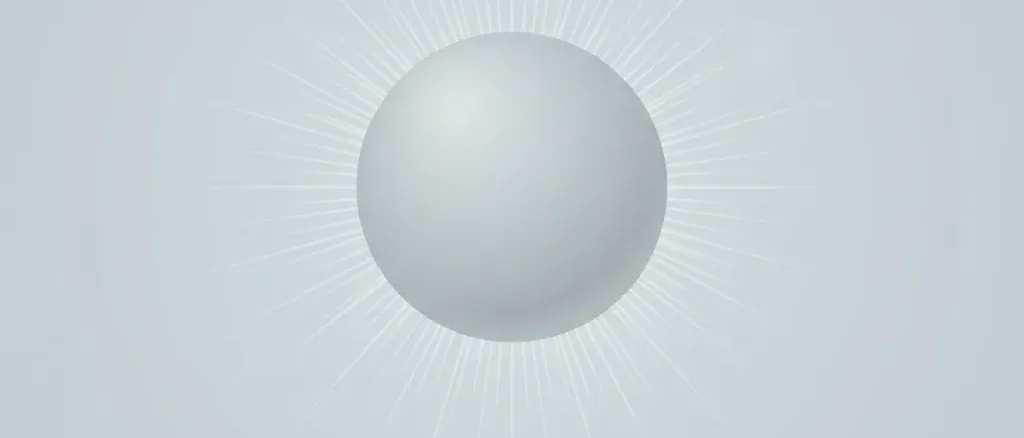 A single muted grey sphere with a faint corona of radiating lines against a pale grey-blue background, flat vector illustration.