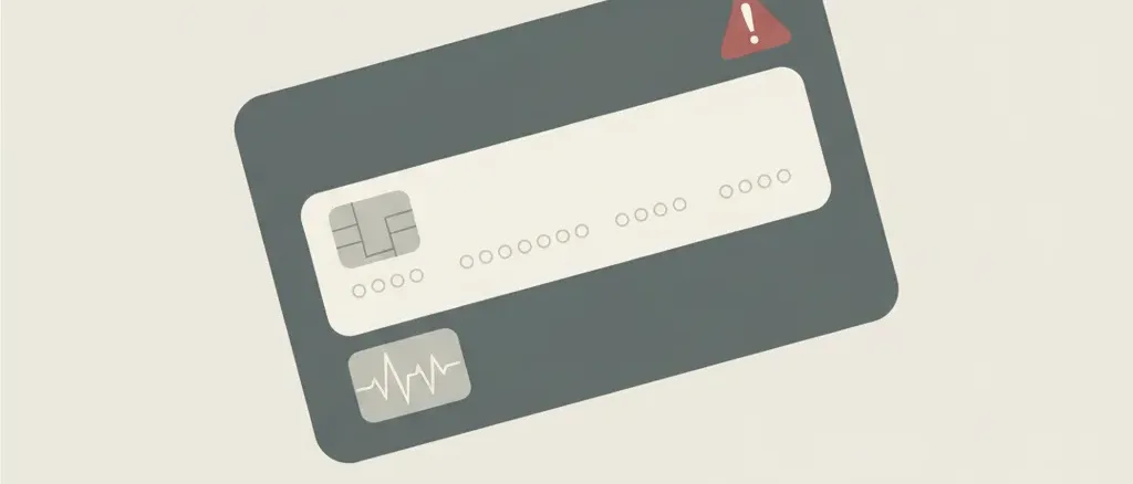 A credit card with a faint dotted outline where the number would be, muted tones, flat vector illustration.