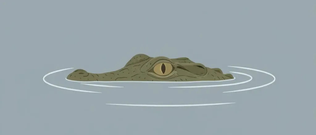 A stylized crocodile eye and snout emerging from flat water, minimal flat vector illustration in muted olive and grey tones.