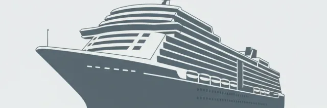 A large ocean cruise ship viewed from a low angle against a grey-white sky, flat vector illustration with muted colours.