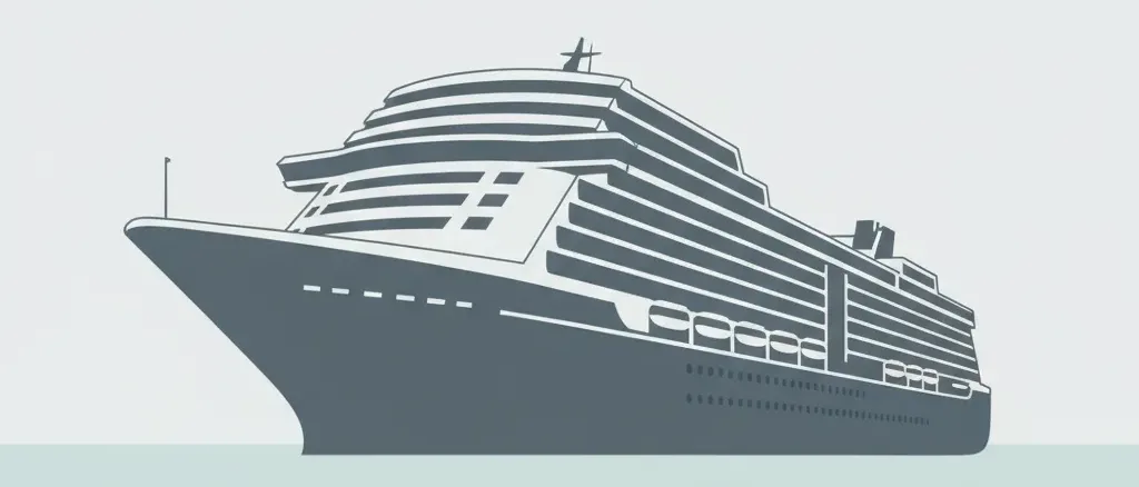 A large ocean cruise ship viewed from a low angle against a grey-white sky, flat vector illustration with muted colours.