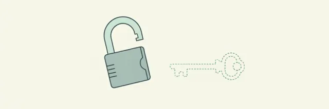 A single small padlock lying open on a pale surface beside a faintly sketched key outline, muted tones, flat vector illustration.
