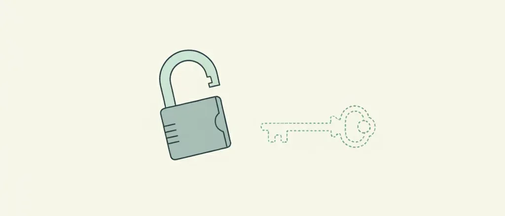 A single small padlock lying open on a pale surface beside a faintly sketched key outline, muted tones, flat vector illustration.