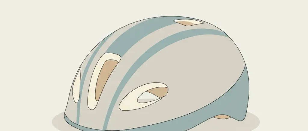A single empty bicycle helmet resting on a pale surface next to a coiled cable lock, flat vector illustration in muted greys.