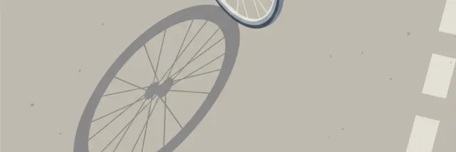 A lone bicycle wheel casting a long shadow on an empty road surface, flat vector illustration with muted tones.