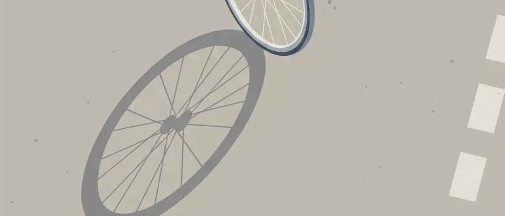 A lone bicycle wheel casting a long shadow on an empty road surface, flat vector illustration with muted tones.