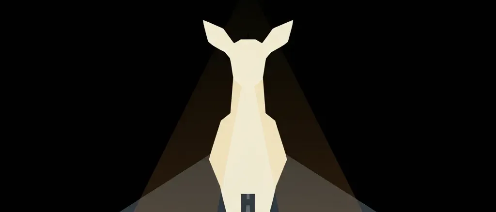 A deer silhouette visible in car headlights on a dark road, flat vector illustration in muted tones.