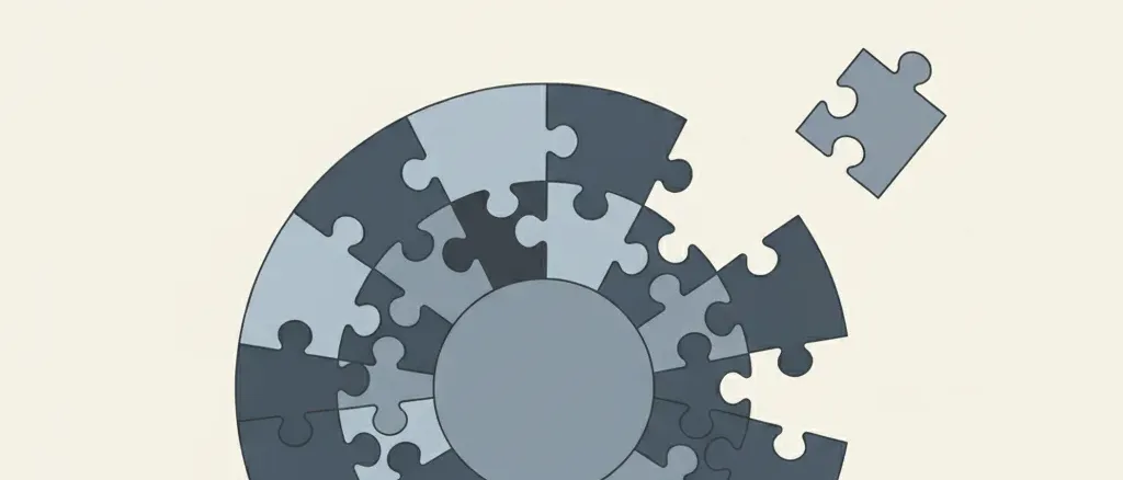 A flat vector illustration of a simple jigsaw puzzle with a few pieces missing, muted tones.