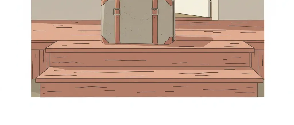 A suitcase sitting alone on a porch, flat vector illustration, muted tones, no people.