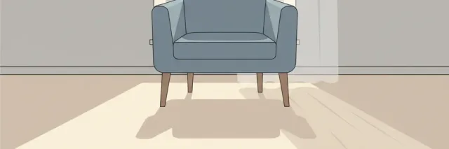 A single chair facing a window with muted grey light filtering through, flat vector illustration in subdued tones.