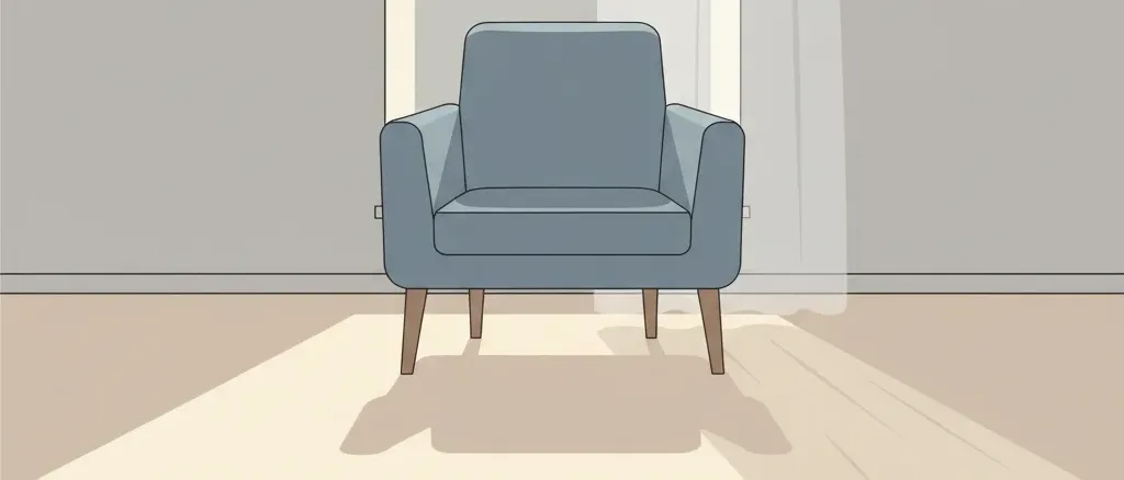 A single chair facing a window with muted grey light filtering through, flat vector illustration in subdued tones.