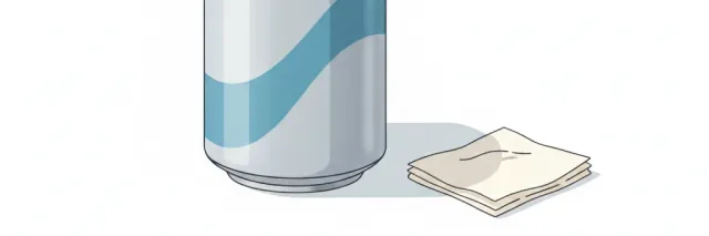 A closed aluminum soda can on a clean surface with a small tissue beside it, flat vector illustration in muted tones.