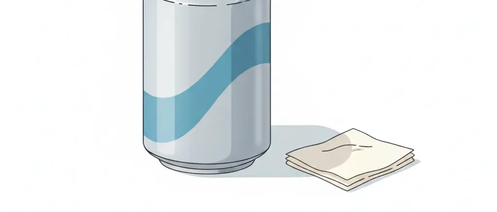 A closed aluminum soda can on a clean surface with a small tissue beside it, flat vector illustration in muted tones.
