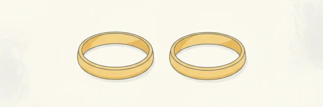 Two simple gold rings resting apart on a muted grey surface, flat vector illustration.