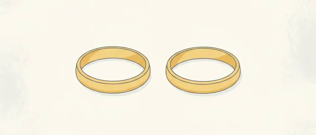 Two simple gold rings resting apart on a muted grey surface, flat vector illustration.