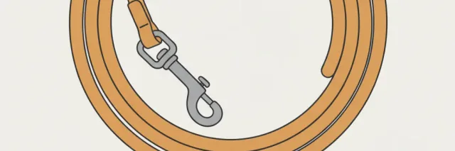 A single empty leather dog leash coiled on a pale neutral background, flat vector illustration.