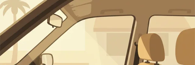A dog leash and water bowl on the seat of a parked car with sunlight streaming through the windshield, flat vector illustration.