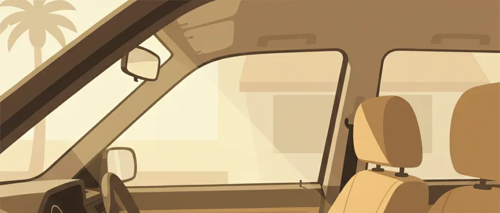 A dog leash and water bowl on the seat of a parked car with sunlight streaming through the windshield, flat vector illustration.