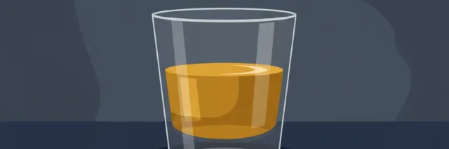 A half-full glass on a bar counter with a single drop falling in, flat vector editorial illustration, muted palette.