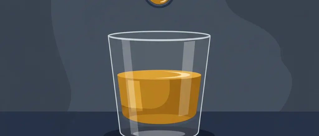 A half-full glass on a bar counter with a single drop falling in, flat vector editorial illustration, muted palette.