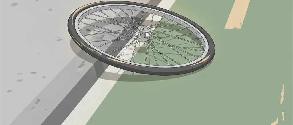 A lone bicycle wheel seen from a low angle beside a faded painted bike lane stripe, flat vector illustration.