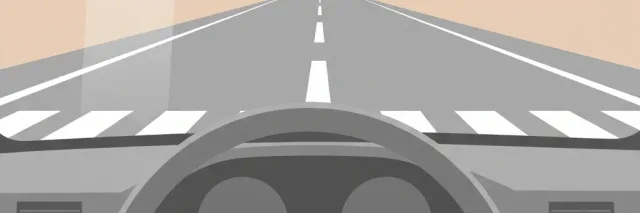 An empty steering wheel seen from the driver's seat, with a faint crosswalk stripe visible through the windshield, flat vector illustration.