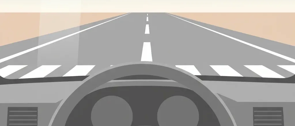 An empty steering wheel seen from the driver's seat, with a faint crosswalk stripe visible through the windshield, flat vector illustration.
