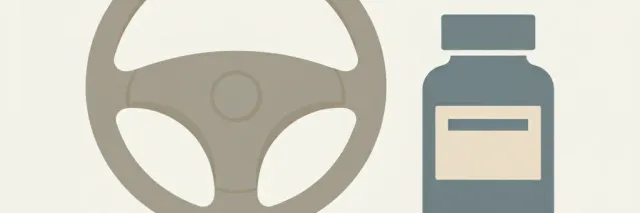 A muted flat vector illustration of a single car steering wheel beside a small pill bottle on a pale background.