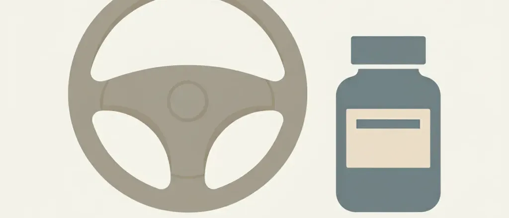 A muted flat vector illustration of a single car steering wheel beside a small pill bottle on a pale background.