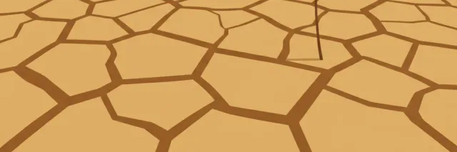 A stylized cracked dry earth landscape with a withered crop, flat vector illustration in muted ochre and brown tones.