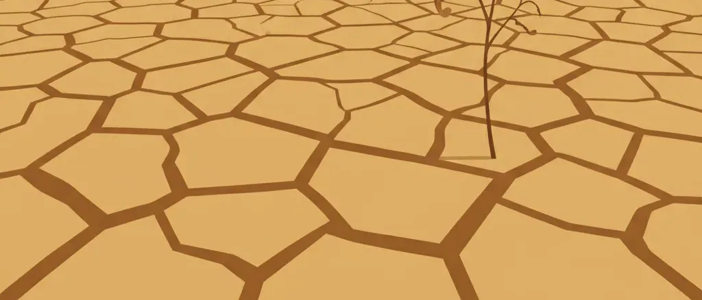 A stylized cracked dry earth landscape with a withered crop, flat vector illustration in muted ochre and brown tones.