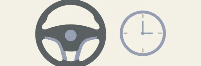 A muted flat vector illustration of a single car steering wheel with a small clock indicator showing late-night hours on a pale background.