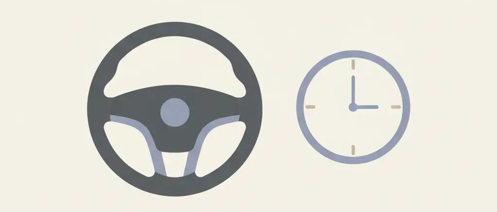 A muted flat vector illustration of a single car steering wheel with a small clock indicator showing late-night hours on a pale background.
